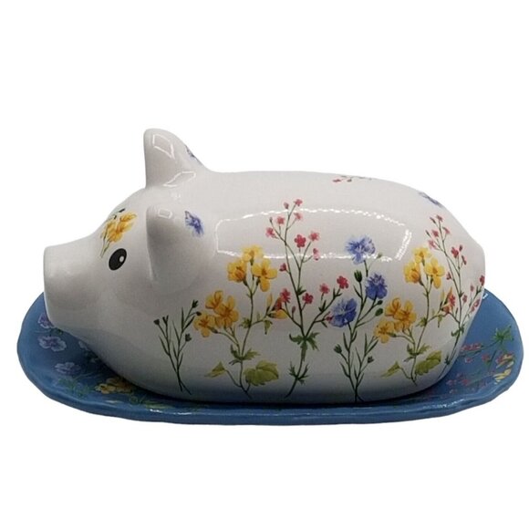 Unbranded Other - Covered Butter Dish Floral Pig Ceramic Farmhouse Country Cottagecore Chipped